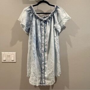 Mustard Seed Blue Wash Off Shoulder Dress Fringe Hem Boho Medium